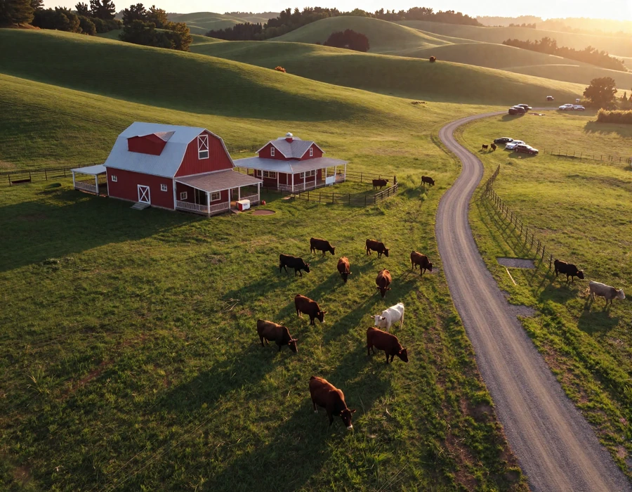 Aerial golden-hour view of a large working cattle ranch with farmhouse and grazing Angus - millionaire farmers dating community