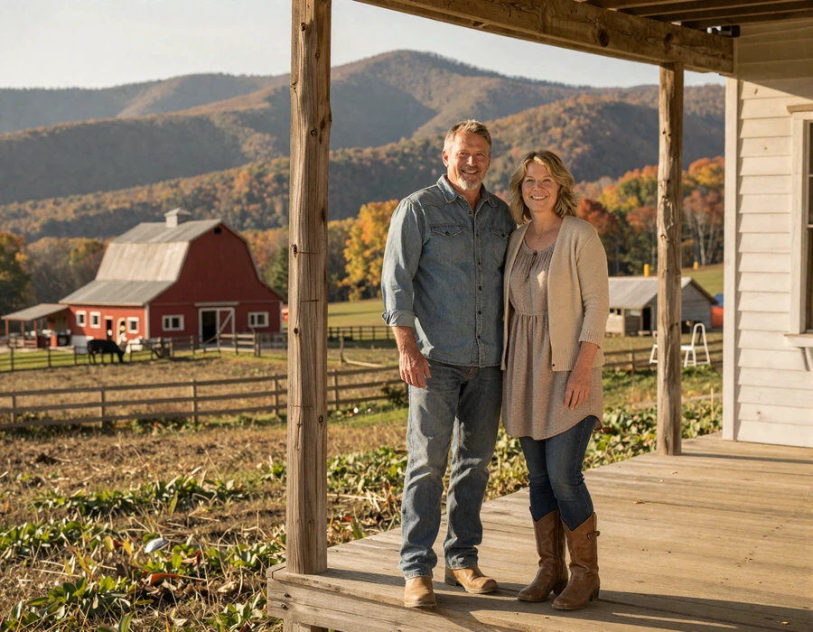 West Virginia farmer couple on an Appalachian farmhouse porch at golden hour - Mountain State country singles dating