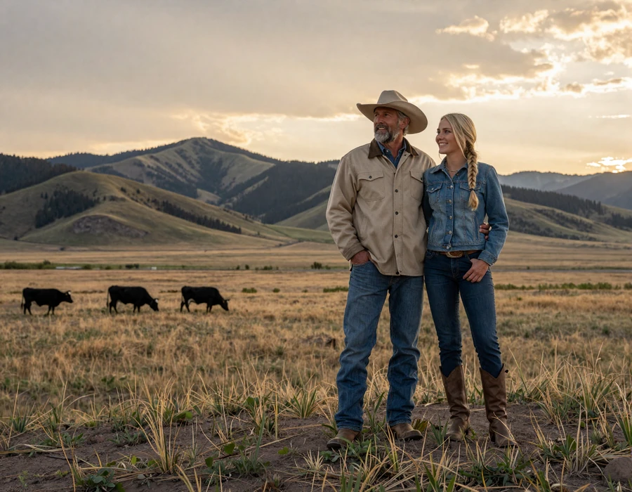 Montana rancher couple on open rangeland with dusky green Rocky Mountain ridges at golden hour - dating a rancher in Big Sky Country