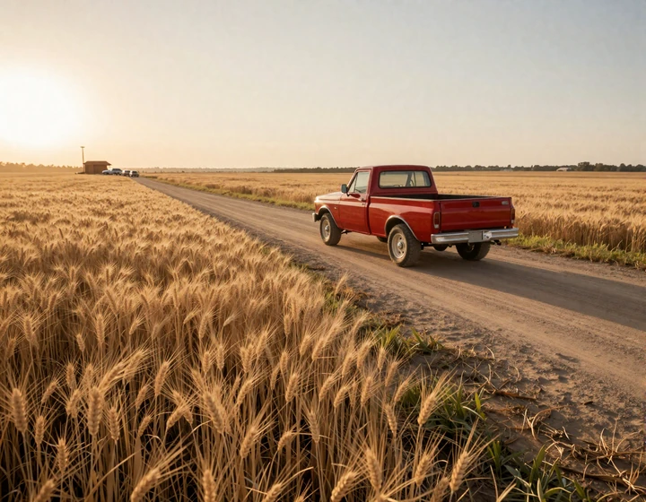 Vintage red pickup truck on a dirt road through a wheat field at golden hour, founding story imagery