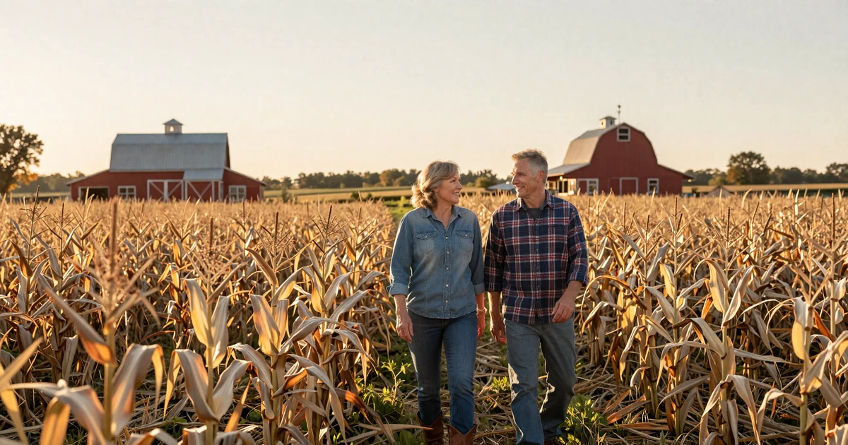 Ohio farmer couple walking through a corn row at golden hour - local Buckeye State country singles dating
