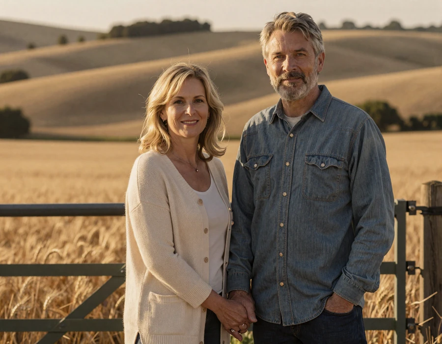 Joanne and David countryside romance couple at a farm gate in the Midwest at golden hour