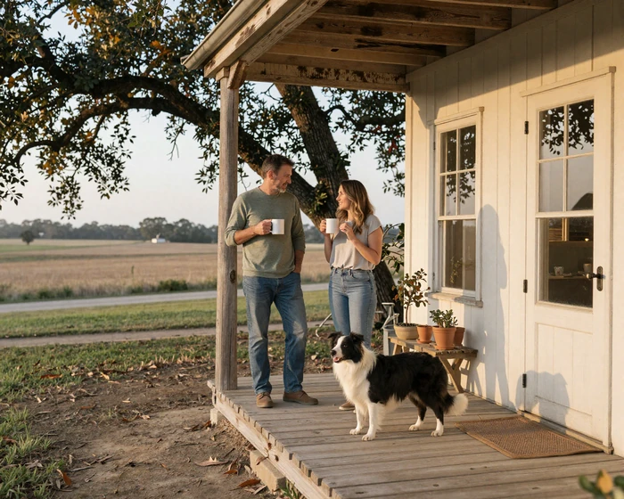 Country couple with coffee on a farmhouse porch at golden hour with a border collie - country singles dating