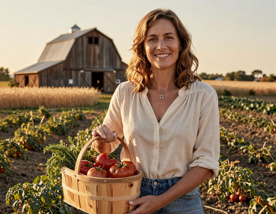 Jewish woman farmer in her fifties holding a harvest basket on her family farm at golden hour - Jewish farmers dating community
