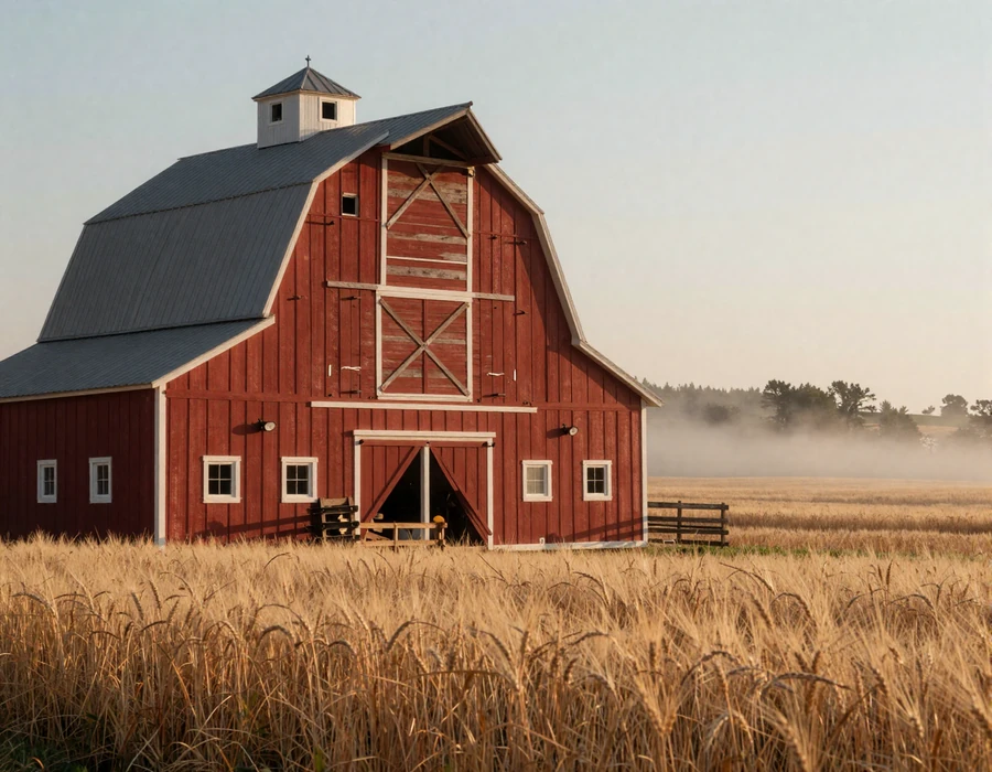 Sunlit red barn and wheat field at golden hour representing the country dating website lifestyle