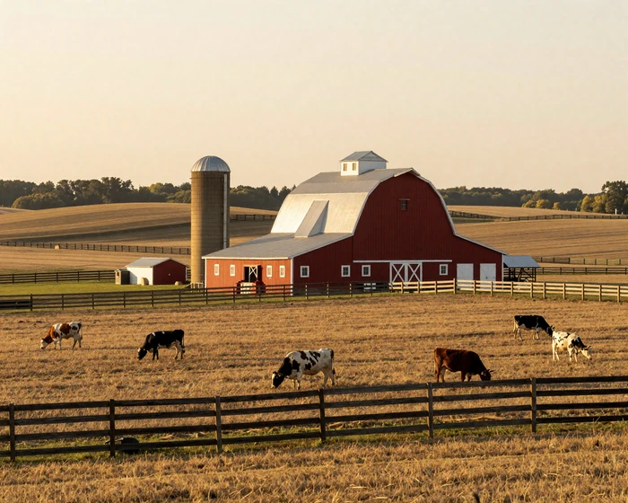 Rolling Wisconsin farmland with a red gambrel barn at golden hour - European heritage American farm