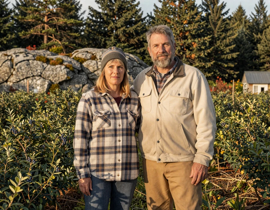 Maine farmer couple arm in arm at a Washington County blueberry barren at golden hour - country singles dating in the Pine Tree State