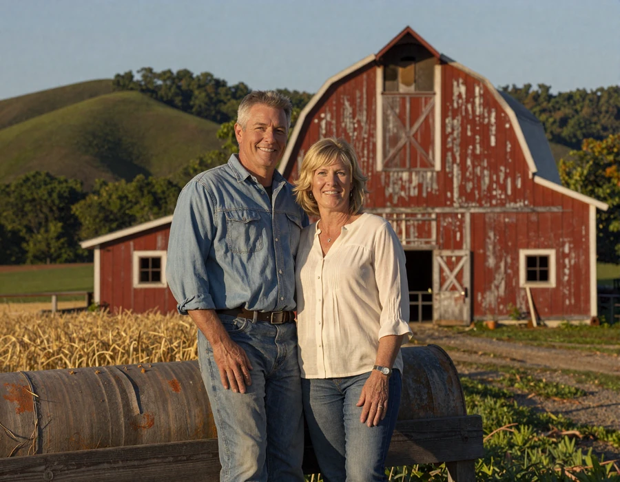 North Carolina farmer couple at their Piedmont tobacco barn at golden hour - Tar Heel country singles dating