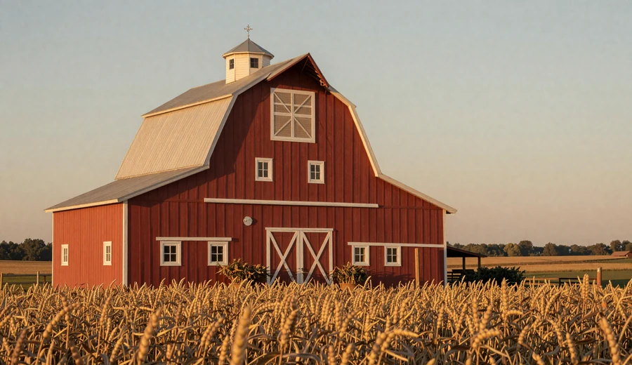 Red Indiana barn at sunset with soybean field - rural Hoosier farm country