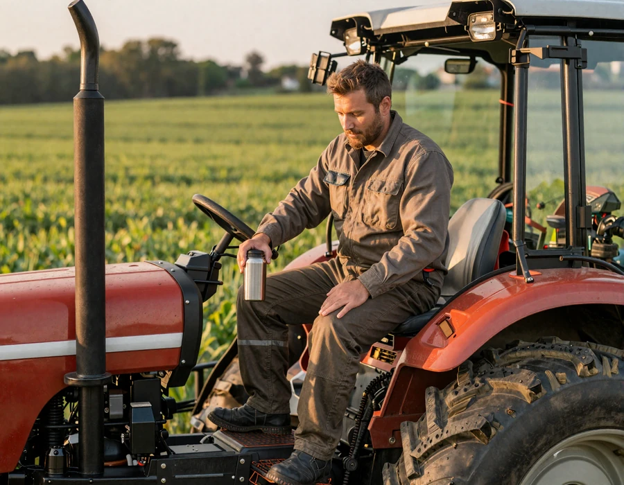 Farmer pausing on a tractor step at spring sunrise with a coffee thermos, countryside romance setting