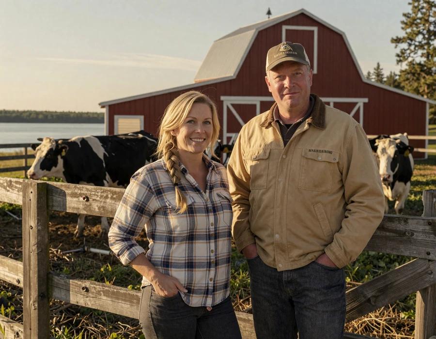 Minnesota dairy farmer couple leaning on a pasture fence at golden hour - Midwest country singles dating in the North Star State