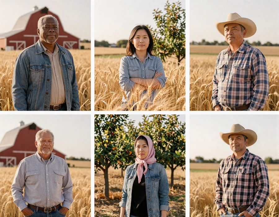 Diverse farmers representing Christian, Muslim, Black, and Asian country communities at golden hour - niche farmers dating