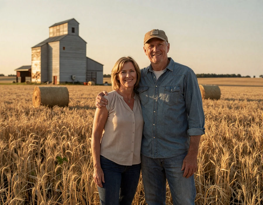Kansas farmer couple in a golden wheat field at sunset - country singles dating in the Wheat State