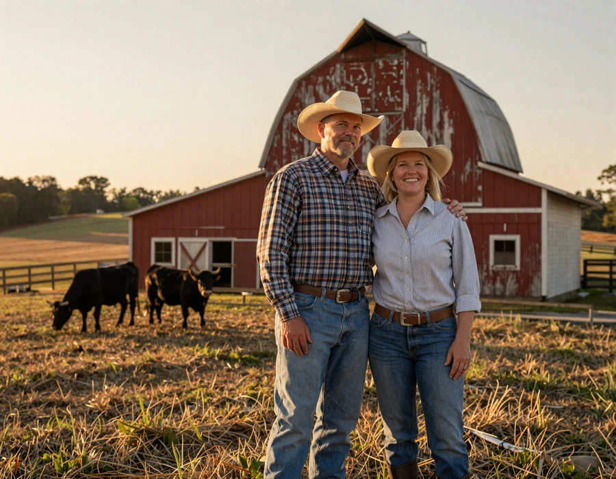 Missouri farmer couple on an Ozark cattle pasture at golden hour - local Show-Me State country singles dating
