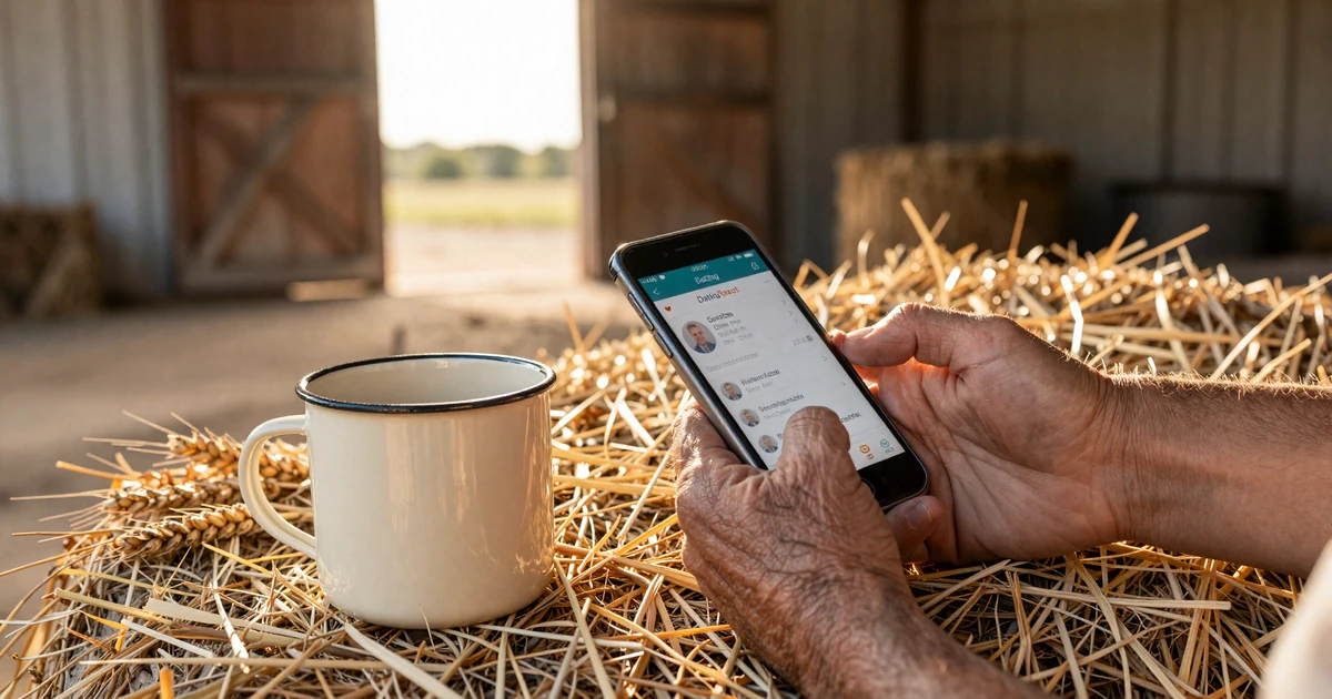 Farmer's hands holding a phone with a farmer dating website profile, resting on a hay bale at golden hour