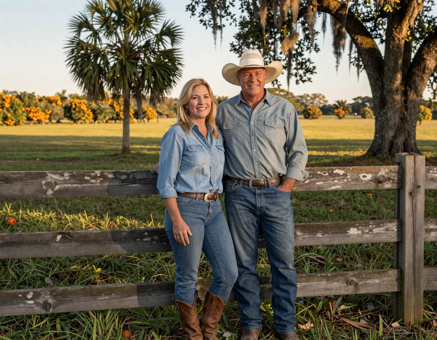 Florida rancher couple at golden hour on a Central Florida cattle pasture - Sunshine State country singles dating