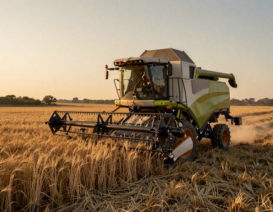 Combine harvester in a golden wheat field at fall sunset, warm harvest season atmosphere