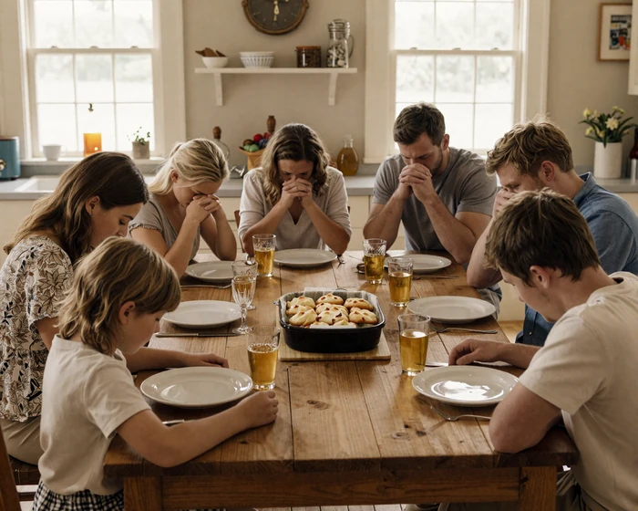 Christian farm family bowing heads in grace at the kitchen table before Sunday supper
