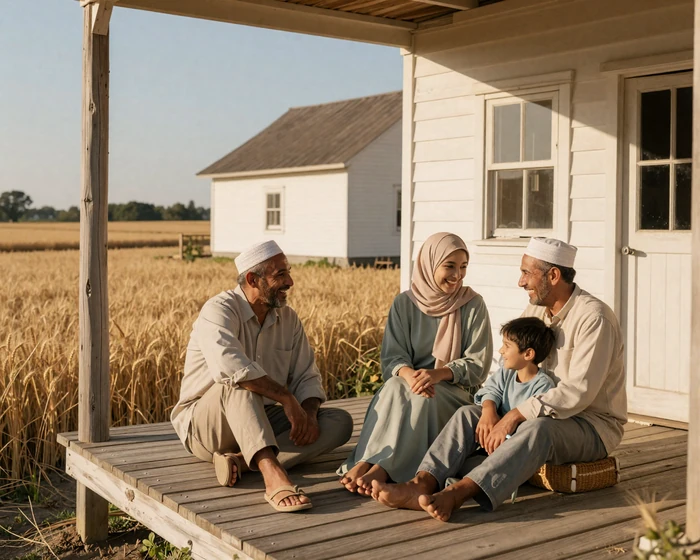 Three-generation Muslim-American farming family on a farmhouse porch at golden hour