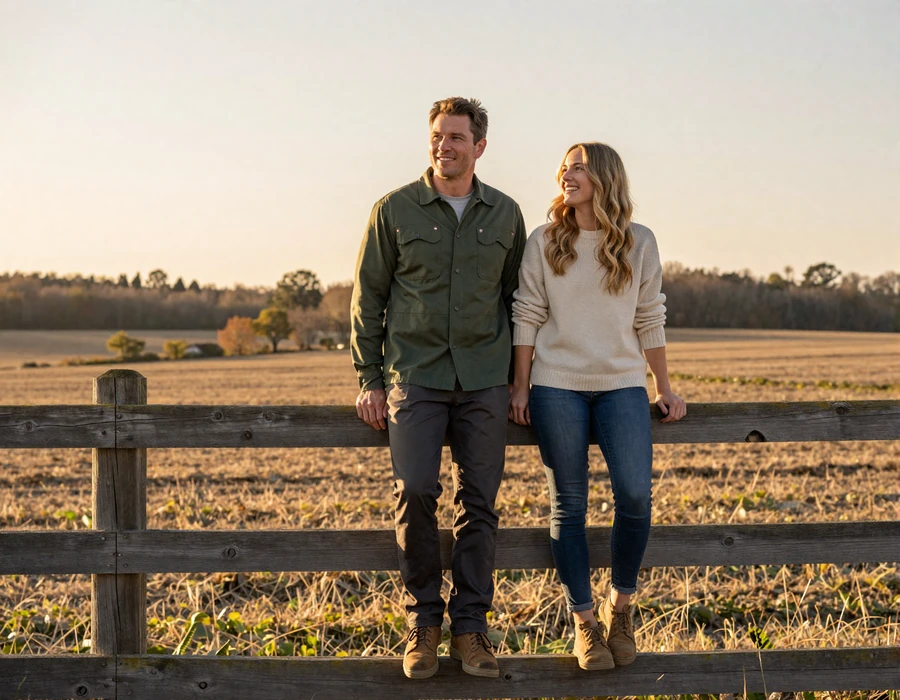 David and Emily military long-distance farmers dating couple reunited on their Ohio family farm at sunset