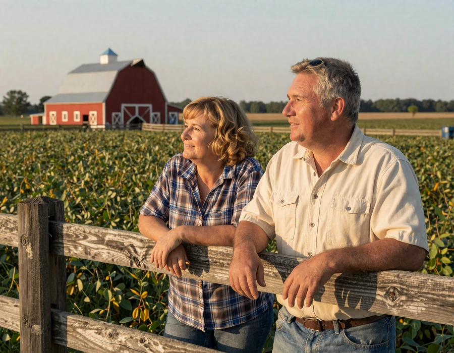 Illinois farmer couple at golden hour on a Prairie State soybean farm - Illinois agricultural singles dating