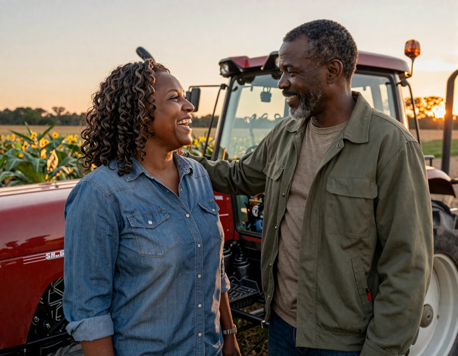 Ruth and Marcus Black farmers couple beside a red tractor in North Carolina at golden hour