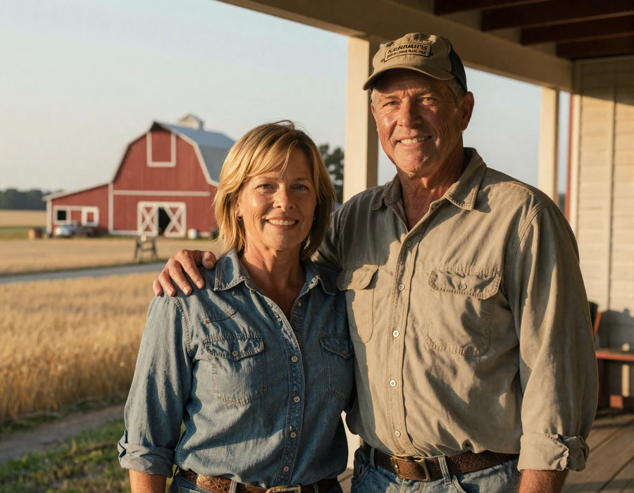 Farmer couple Mary and Tom on their family farm porch at golden hour, smiling - farmer dating site success