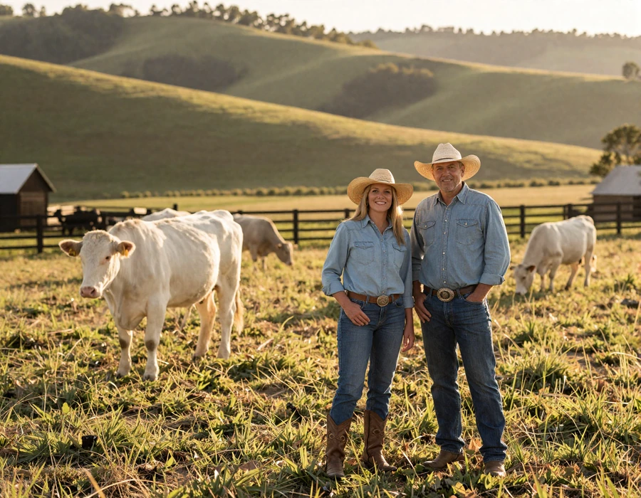 Arkansas farmer couple on an Ozark cattle pasture at golden hour - local country singles dating in the Natural State