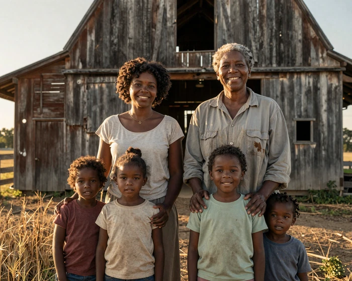 Multi-generational Black farming family at a weathered barn at golden hour, celebrating Black agricultural heritage