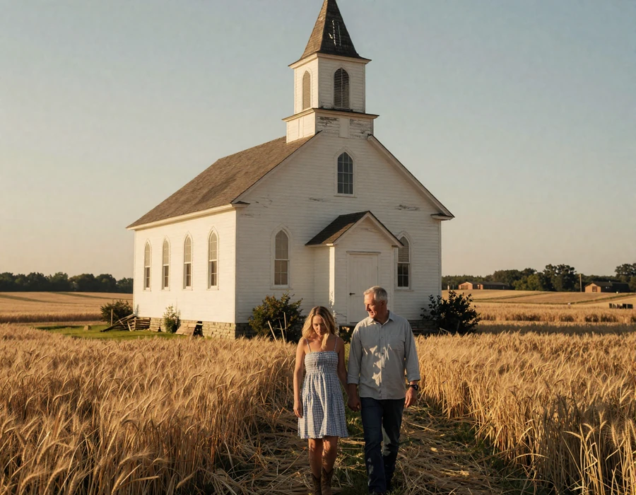 Christian farming couple holding hands beside a country church at golden hour - Christian farmers dating community