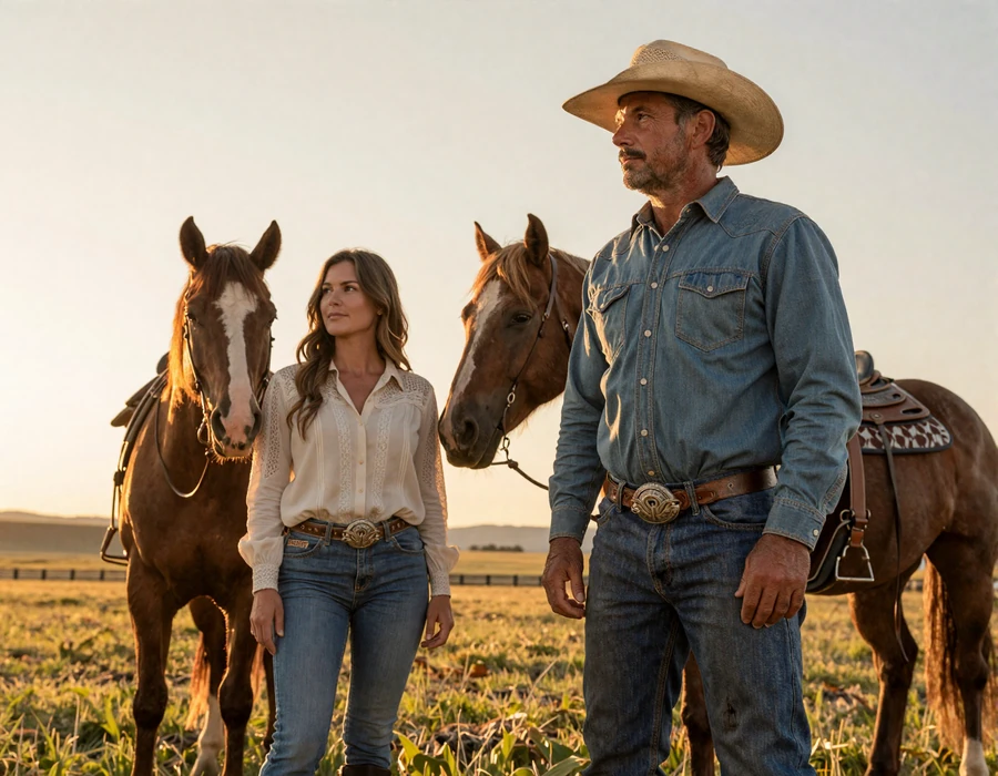 Wyatt and Hannah ranchers with horses in Montana Big Sky country at golden hour - dating a rancher success