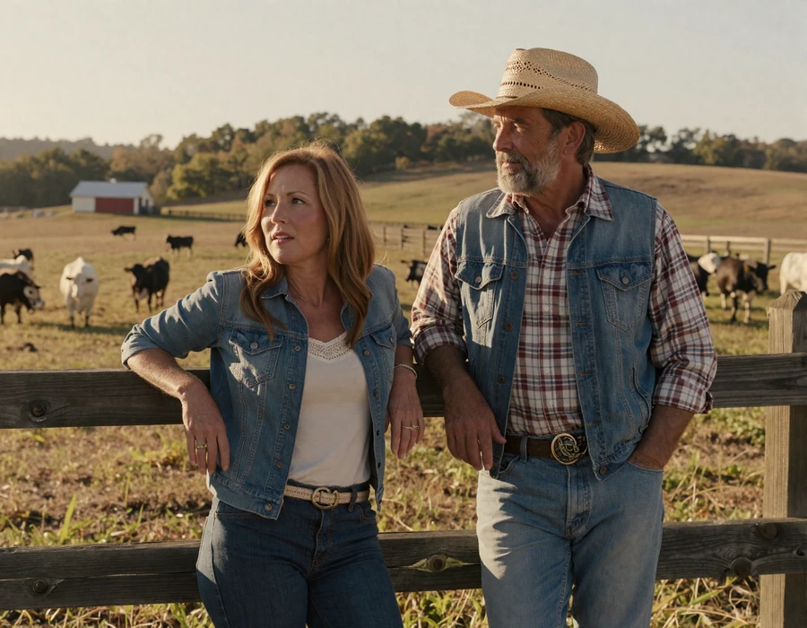 Alabama farmer couple on a north Alabama cattle pasture at golden hour - local country singles dating in the Heart of Dixie