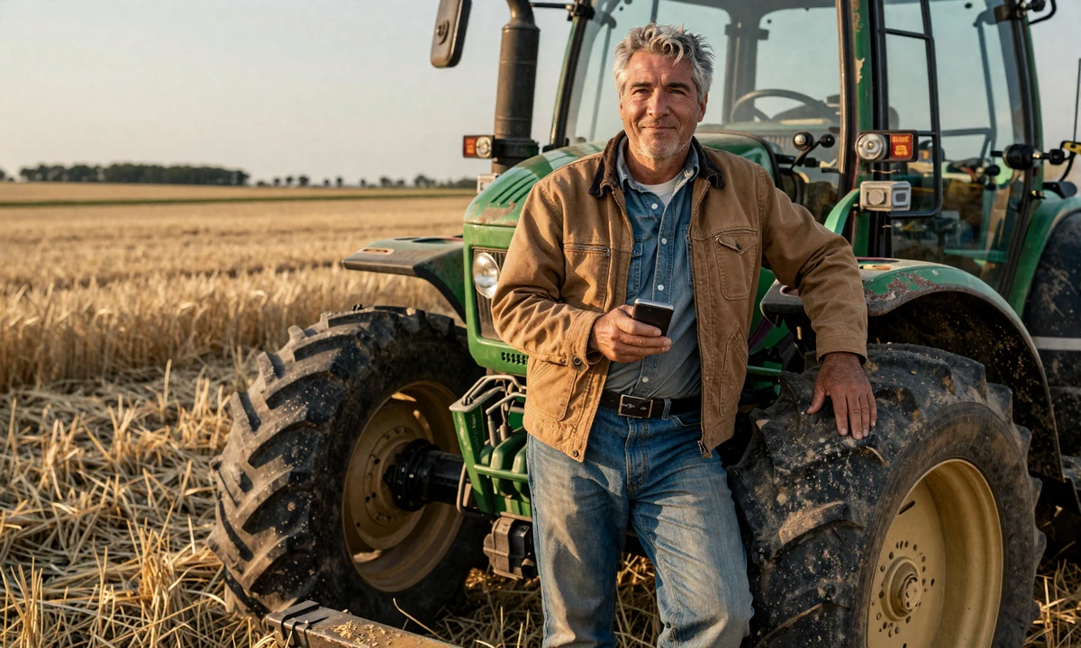Middle-aged farmer checking his smartphone while leaning against a green tractor in a harvested wheat field at golden hour - online dating tips for farmers hero image