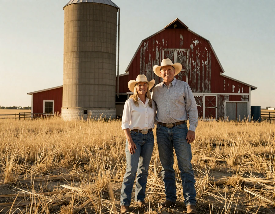 Nebraska rancher couple standing by a grain silo and red barn in the Sandhills at golden hour - Cornhusker country singles dating