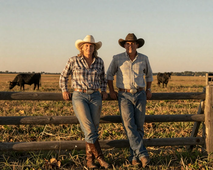Rancher couple in their fifties leaning on a pasture fence at golden hour with cattle grazing behind them