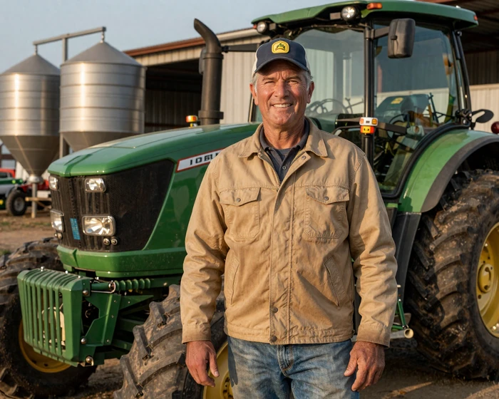 Large-scale grain farmer standing beside industrial tractor and grain bin at golden hour