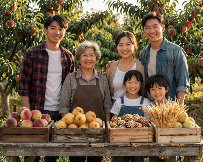 Three-generation Asian-American farming family at a produce stand beside a peach orchard at golden hour