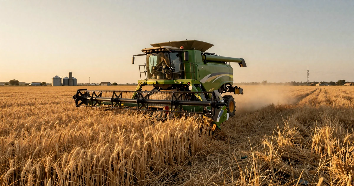 Large green combine harvester in golden wheat field at sunset - industrial farmers dating community