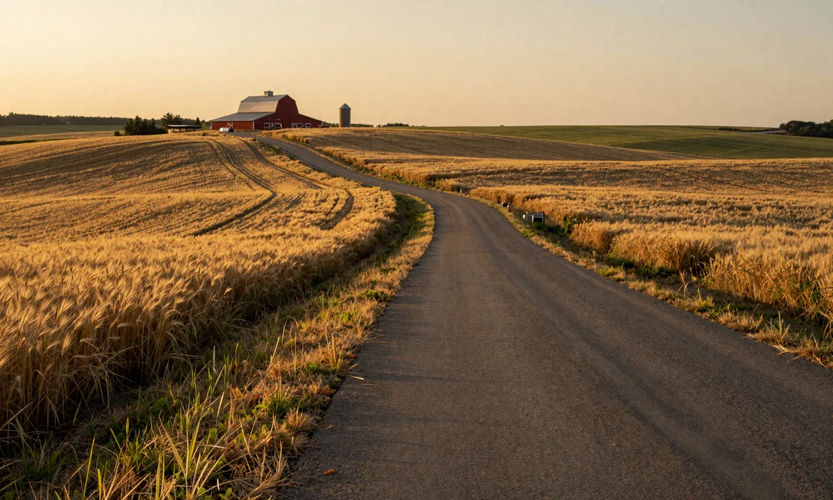 Empty country road winding through golden wheat fields at sunset, symbolizing long-distance rural relationships
