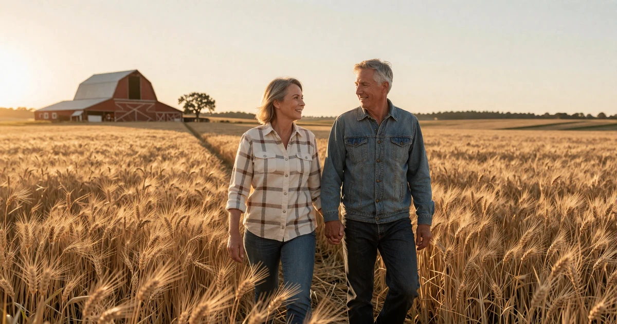 Farm couple in their late fifties walking hand in hand through a wheat field at dawn with barn silhouette behind - life on a farm and relationships