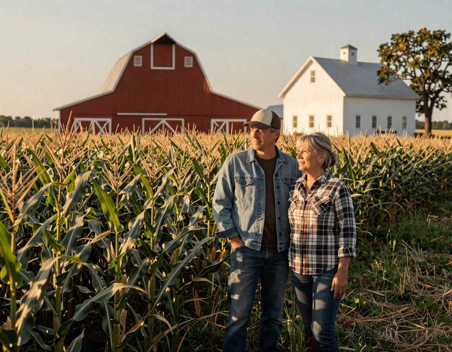 Iowa farmer couple beside a cornfield and red barn at golden hour - Hawkeye State country singles dating