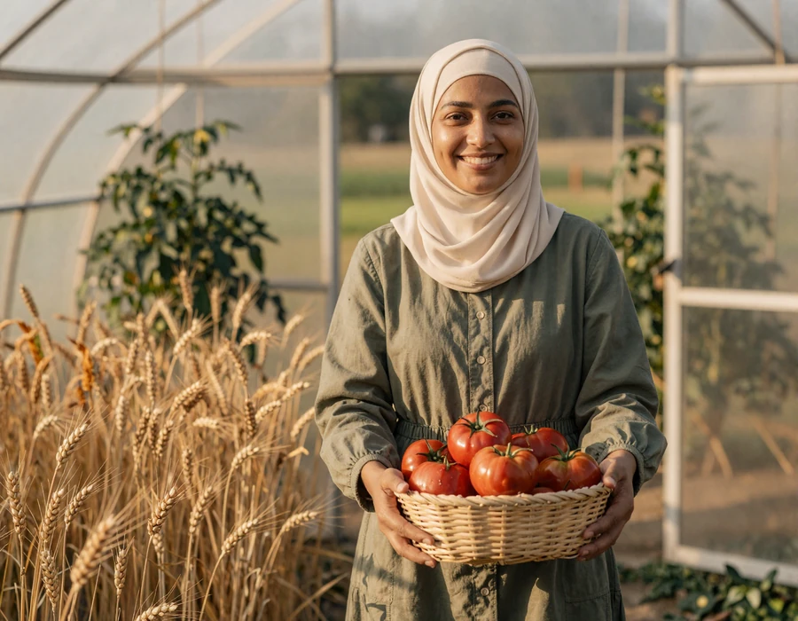 Muslim-American woman farmer in hijab holding a harvest basket at golden hour - Muslim farmers dating community