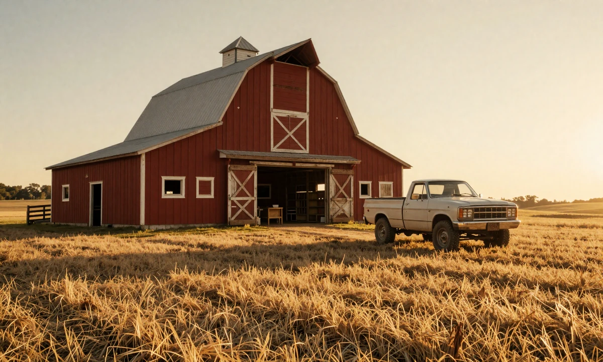 Red barn at golden hour beside a phone showing a dating app - farmer dating sites vs Tinder and Bumble