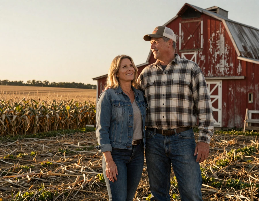 Indiana farmer couple by a red barn at golden hour - Hoosier country singles dating