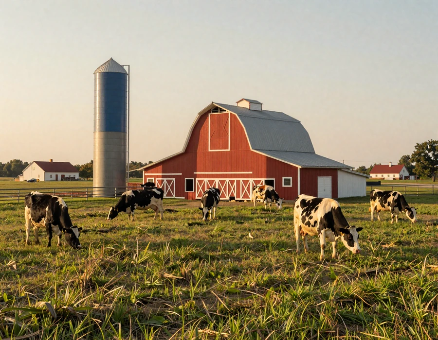 Wisconsin dairy farmer couple beside a red barn and Holstein herd at golden hour - Dairy State country singles dating in Wisconsin