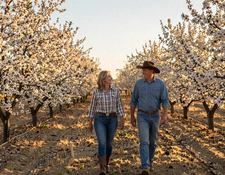 California farmer couple walking through a blooming almond orchard in the Central Valley at golden hour - agricultural singles dating in the Golden State
