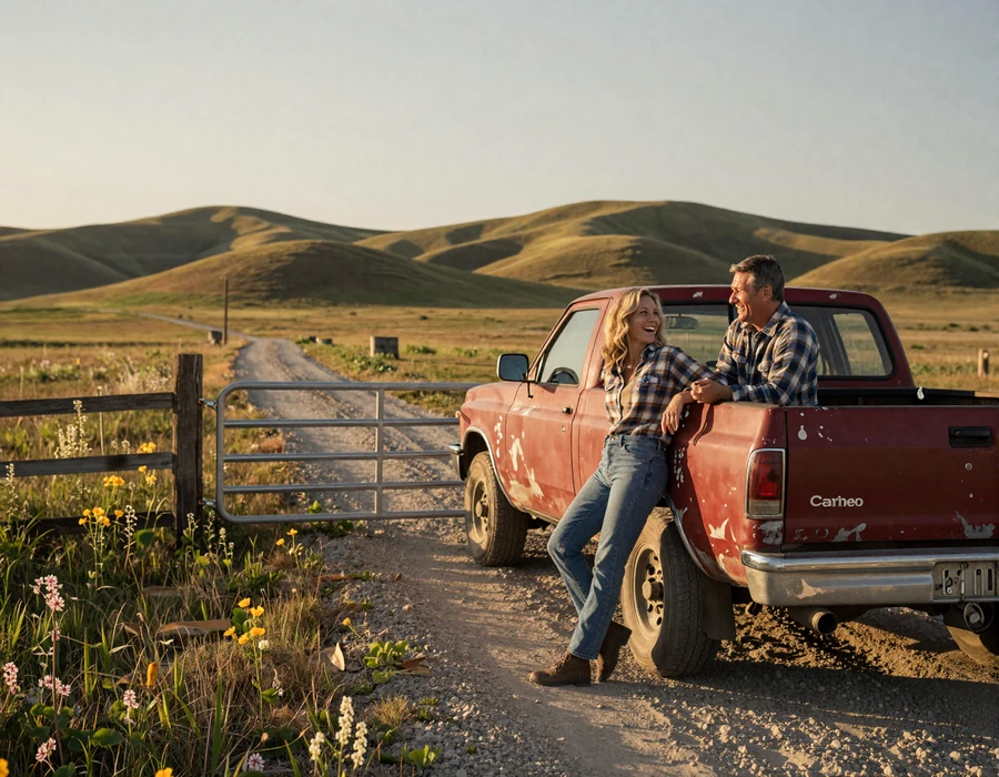 Country couple in flannel leaning on a red pickup truck tailgate at golden hour beside a pasture gate - country farmers dating