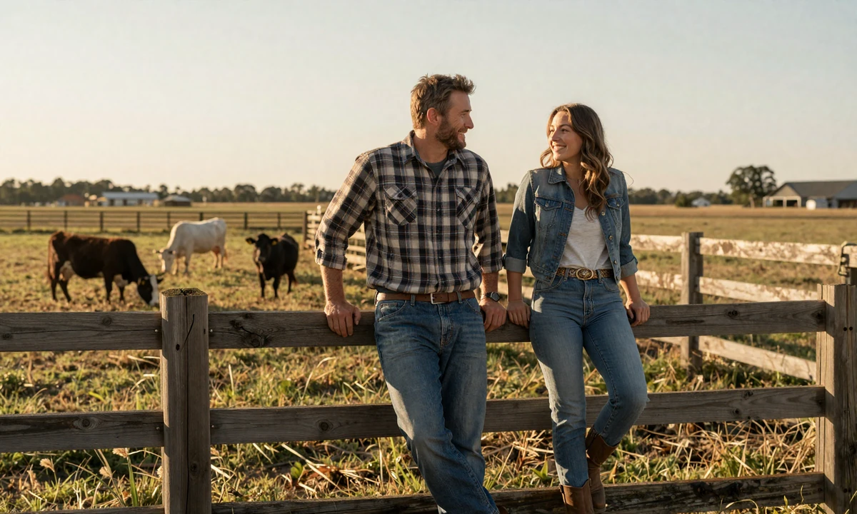 Farmer couple in their fifties leaning on a wooden pasture fence at golden hour - dating a farmer guide hero
