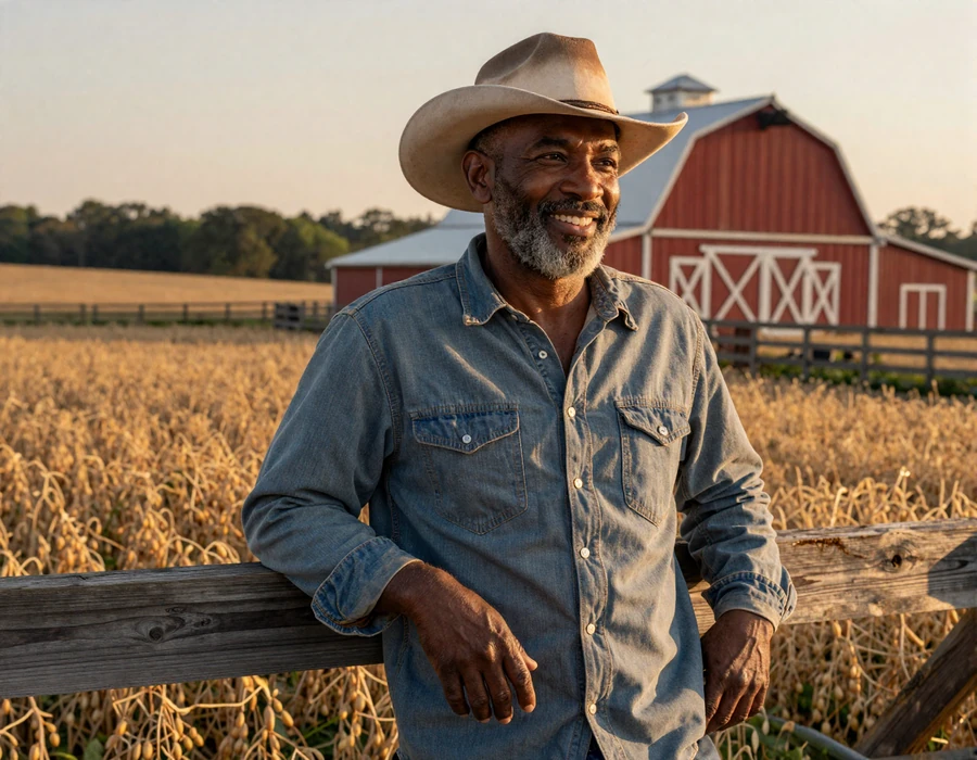 Black farmer at golden hour beside a red barn - Black farmers dating community