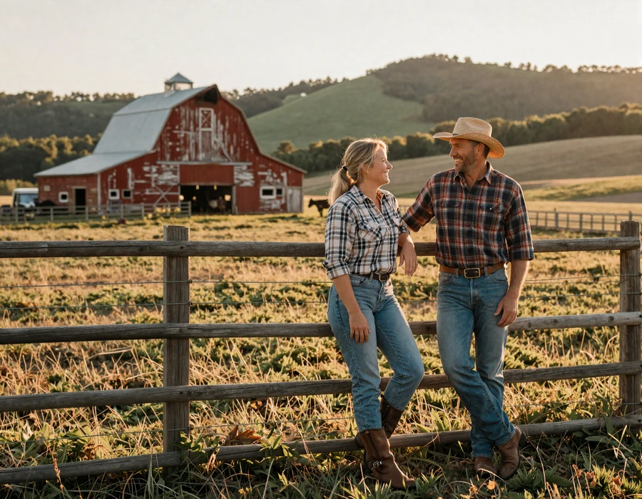 Tennessee farmer couple on a Middle Tennessee cattle pasture at golden hour - Volunteer State country singles dating